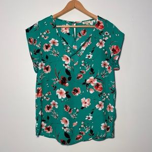 Lily White, Large, Green, Floral, V-Neck Top